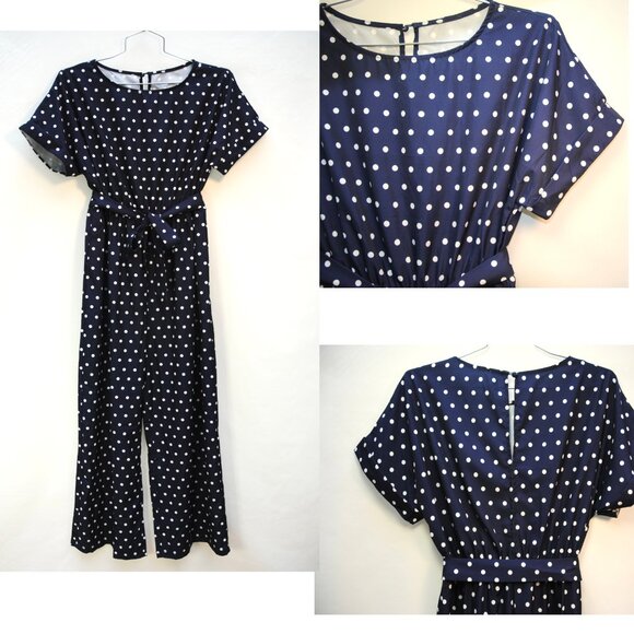 Pants - Navy polka dot JUMPSUIT Sz L-XL dressy & flowy, elastic waist, matching belt